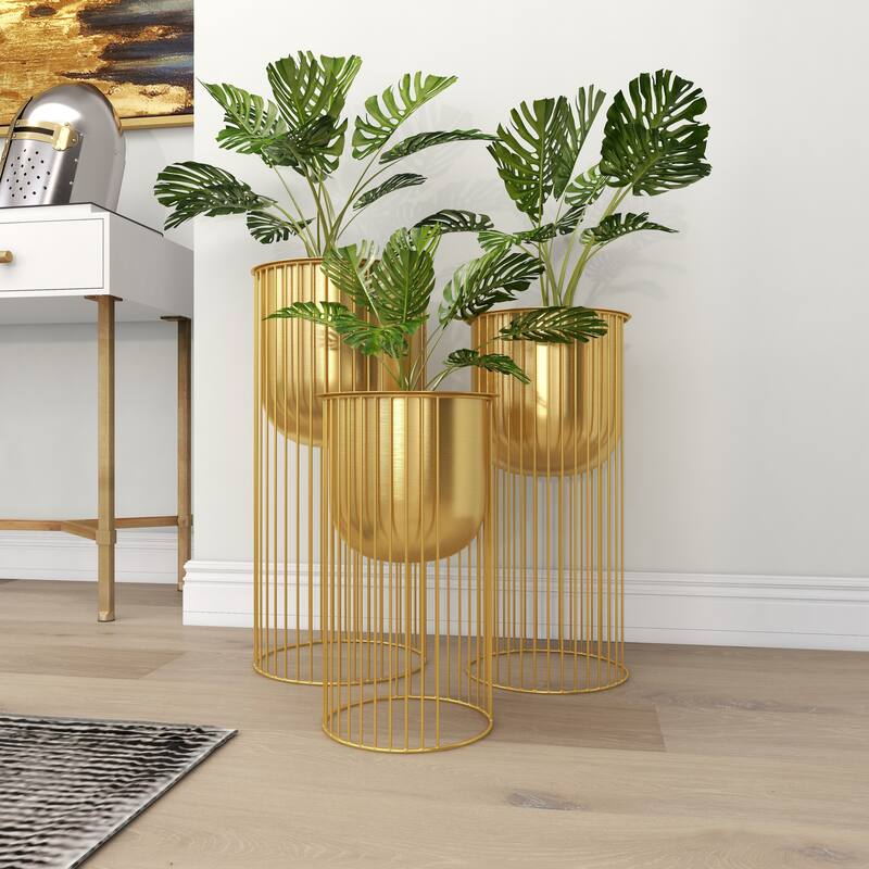 Gold Metal Deep Recessed Dome Indoor Outdoor Planter with Elevated Caged Stand (Set of 3)