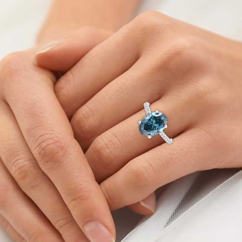 2 1/3Ct Blue Oval Diamond Engagement Ring in White Gold Lab Grown