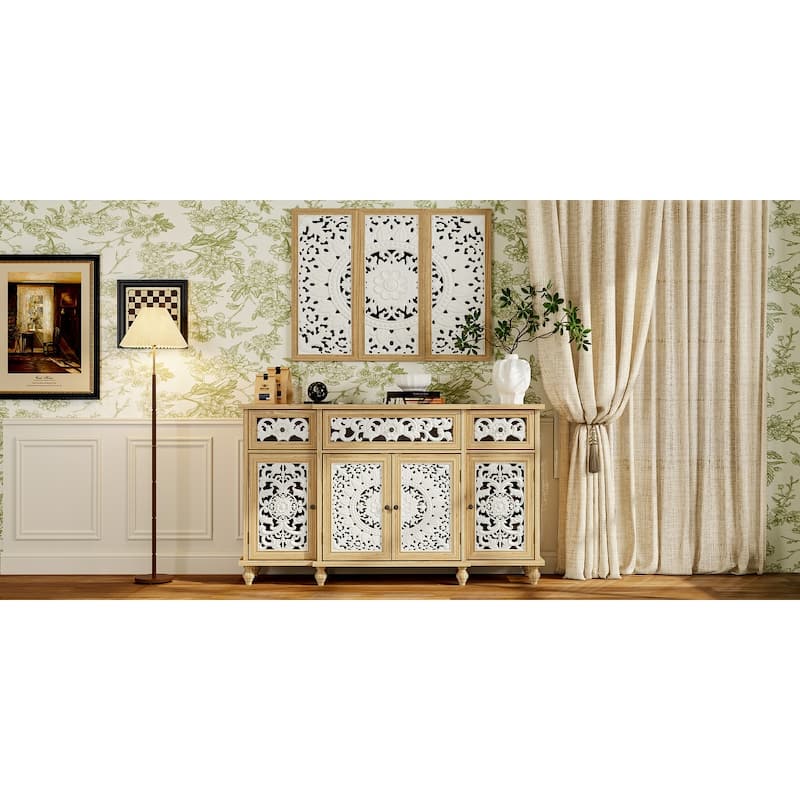 Booksheves Boho Entryway Display Cabinet w Wall Décor White Hollow Carved Panels Sideboard - 3 Drawer/4Door - 35.4"