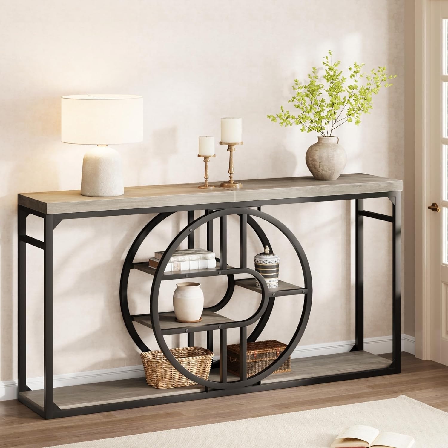 55" Industrial Entryway Table, 5-Tier Narrow Console Table with o-Shaped Metal Frame