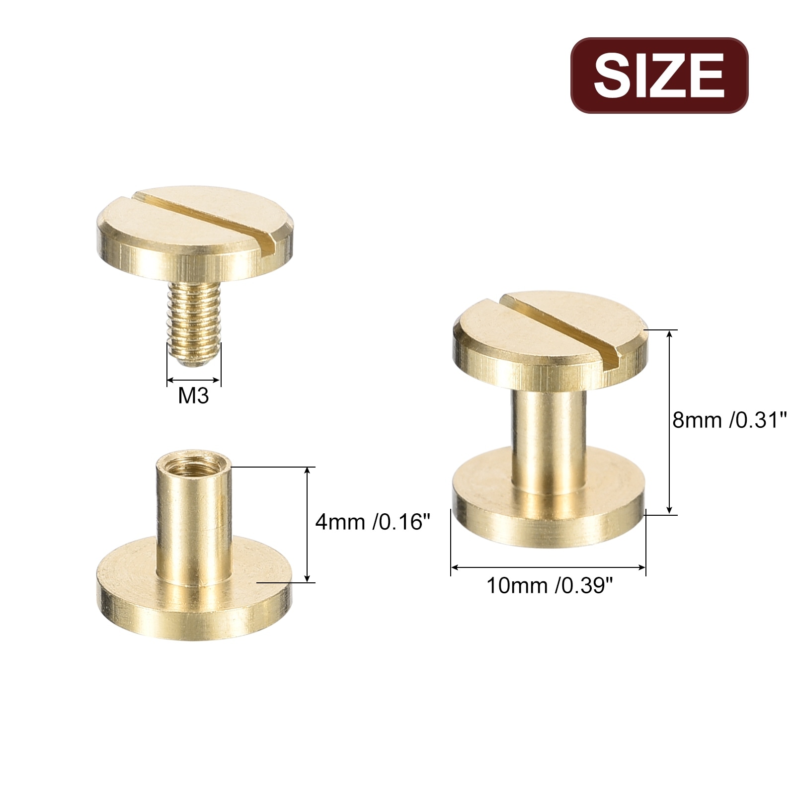 Brass Chicago Screws, Flat Head Screw Back Binding Post Nail Stud Rivets for DIY Leather Craft Belt