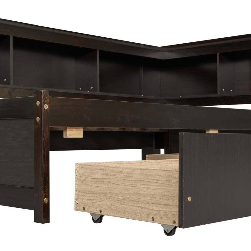 Twin Size L-shaped Bookcases Bed with Power Outlets, USB Charging Ports and Two Drawers