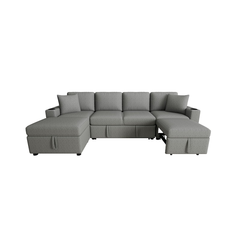 109.1" Chenille Modular Sectional Sofa Bed with Storage Ottoman and USB Ports - L/U-Shaped Convertible Design