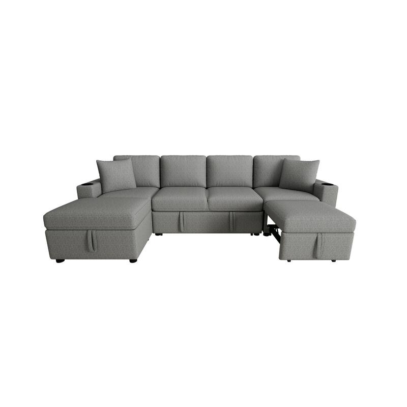 Convertible Sectional Sofa with Pull-out Sofa Bed and Dual Cup Holders