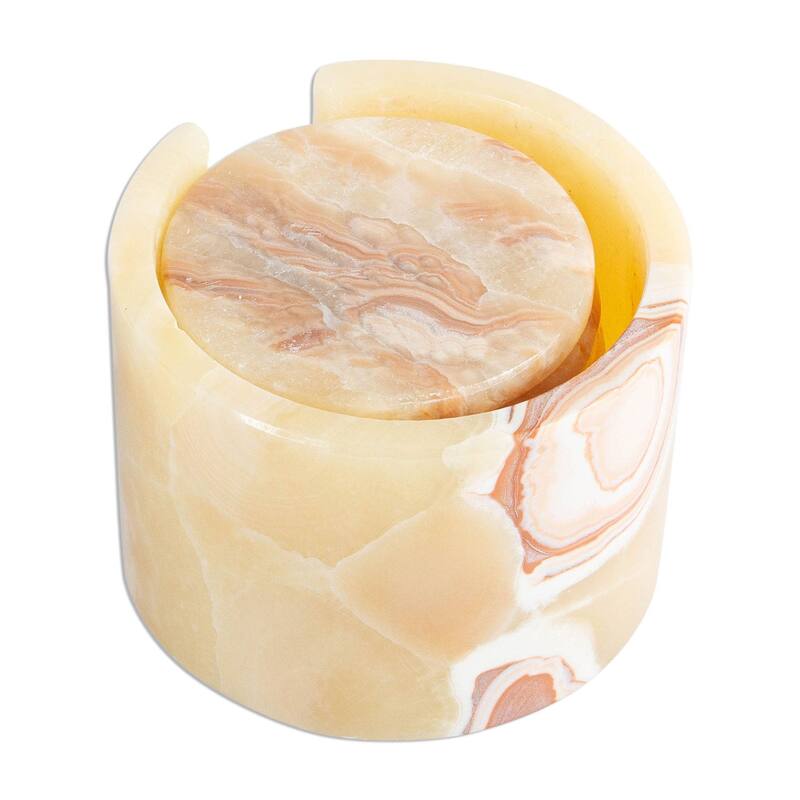 NOVICA Artisan Handblown Onyx Coasters Mexican Ivory Brown Stone Tableware Gemstone Barware 'Elegant Earth'(Set of 6)