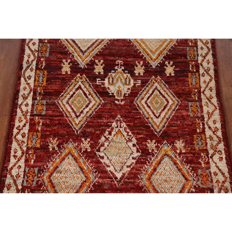 Red Geometric Moroccan Oriental Rug Hand-Knotted Wool Carpet - 3'9" x 6'5"