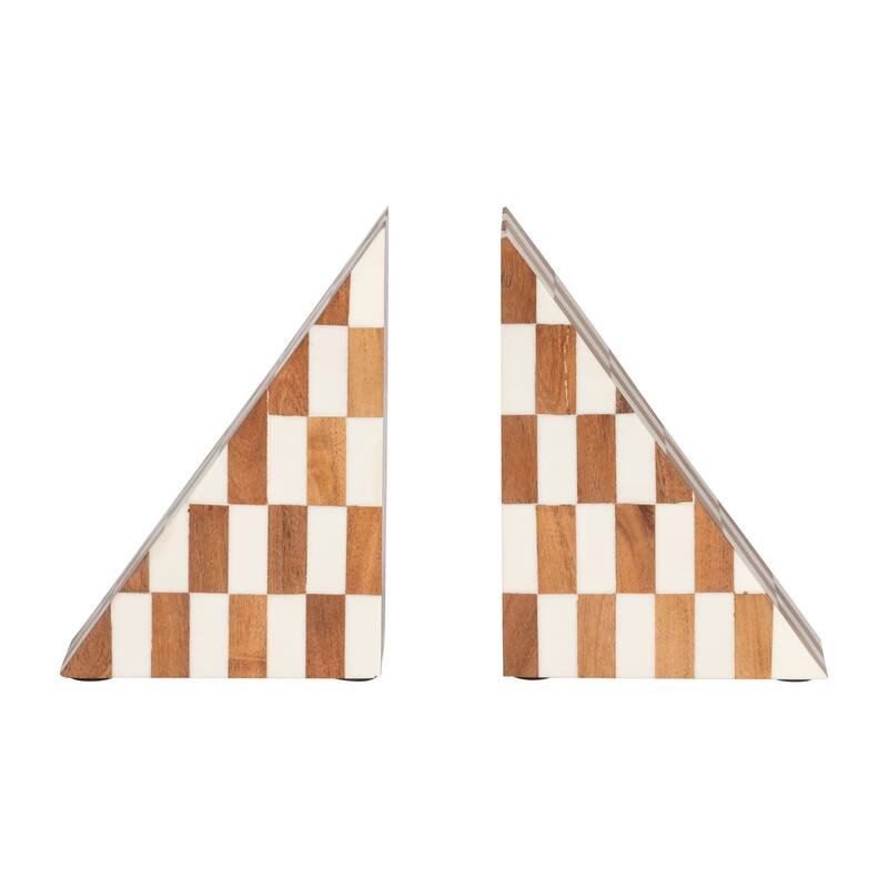 Decorative Resin Triangular Bookends with Checkered Pattern -7", Ivory - 7.0"