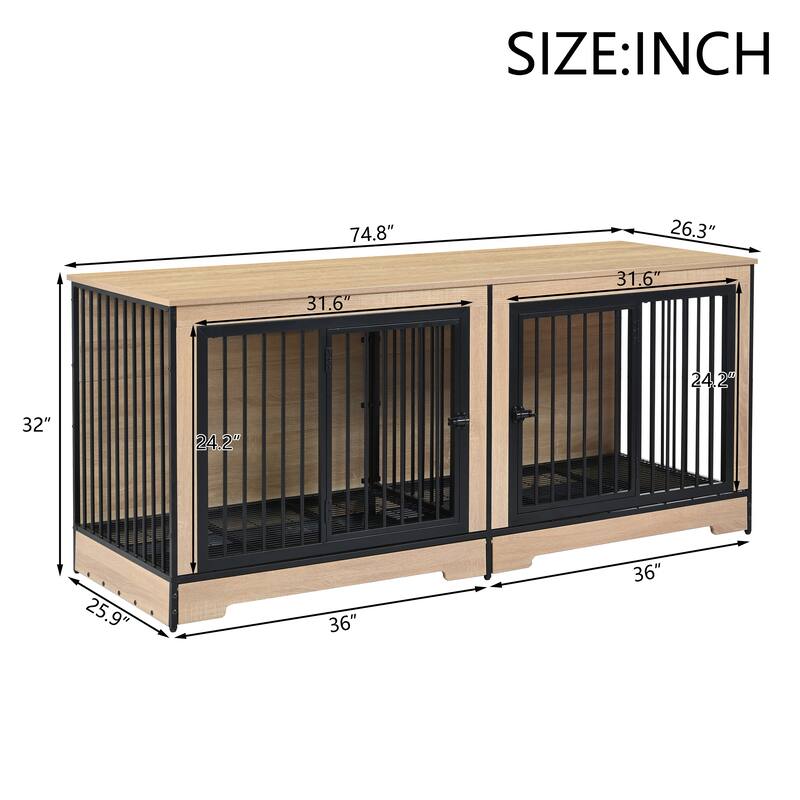 Dog Crate Furniture with Two Combined Room, XL Large Double Dog Cage Furniture with Tray for Medium Large Dogs