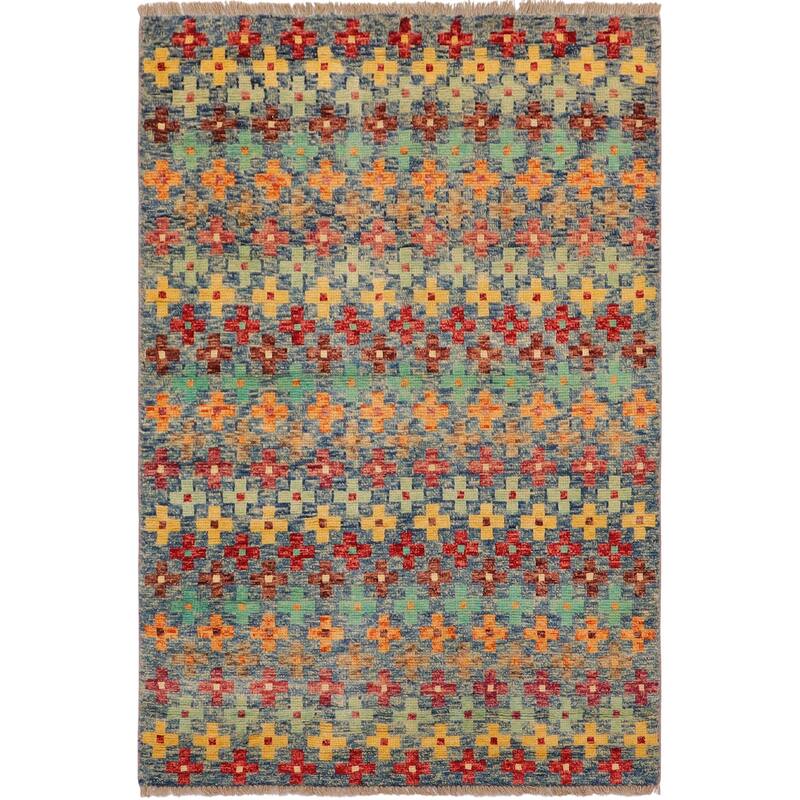 Modern Balochi Golden Blue/Red Hand Knotted Wool Rug - 3'4'' x 5'1''