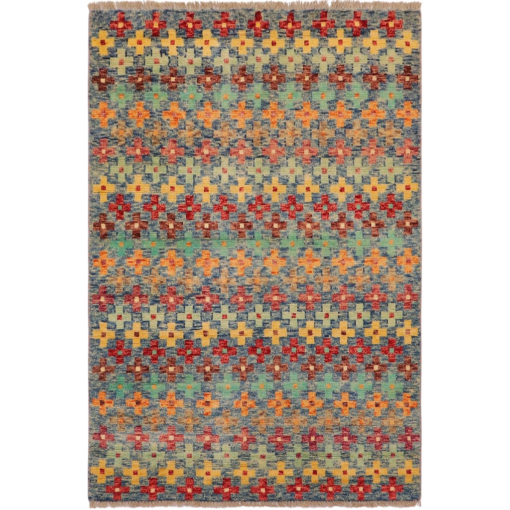 Modern Balochi Golden Blue/Red Hand Knotted Wool Rug - 3'4'' x 5'1''