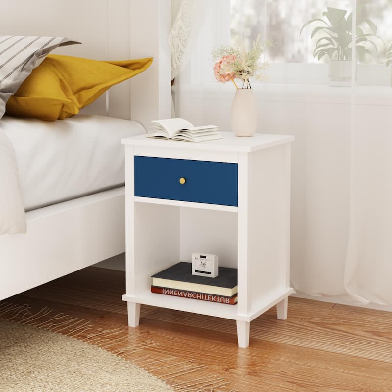 Anmytek White Nightstand with Drawer and Shelf Farmhouse Modern Bedside Table
