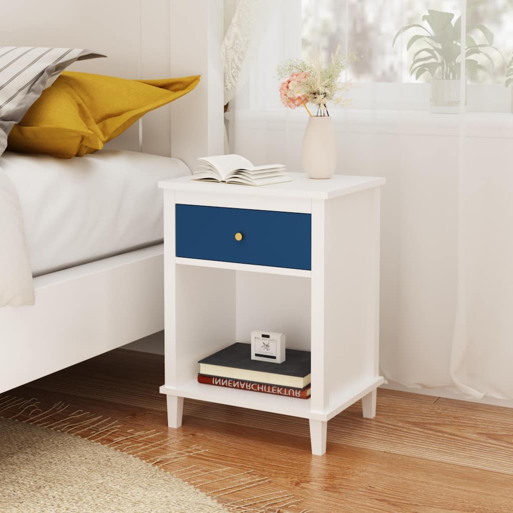 White Navy Nightstand Storage Cabinet Side Table with Drawer, End Table Coffee Table Corner Table with Open Shelf