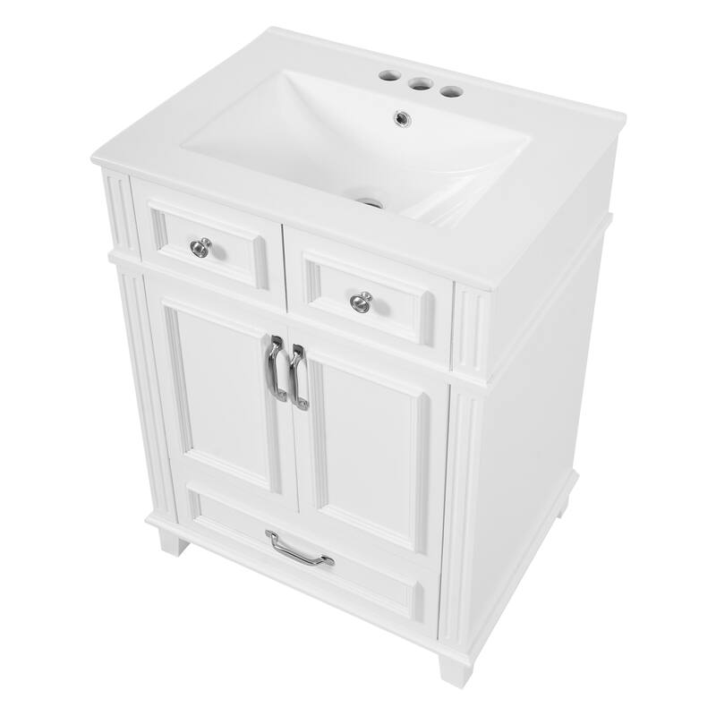 24" Bathroom Vanity with Ceramic Sink,Solid Wood Frame Bathroom Storage Cabinet with Soft Closing Doors,Retro Style