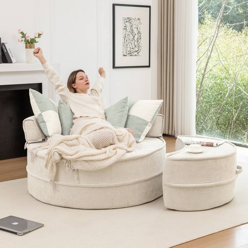 47.63" Round Lazy Fully Compression Sofa, Chenille, with Ottoman - Beige