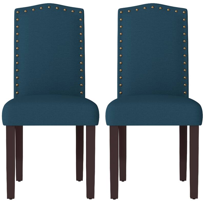 Fabric Upholstered Nailhead Trim Parson Dining Chairs Set of 2 - Blue-2-Piece
