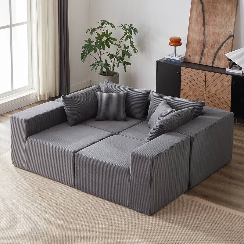 Corduroy Convertible Sectional Cloud Sofa, Foam-Filled Compressed Boneless Sofa, Modular L Shaped Floor 4 Seat Sofa