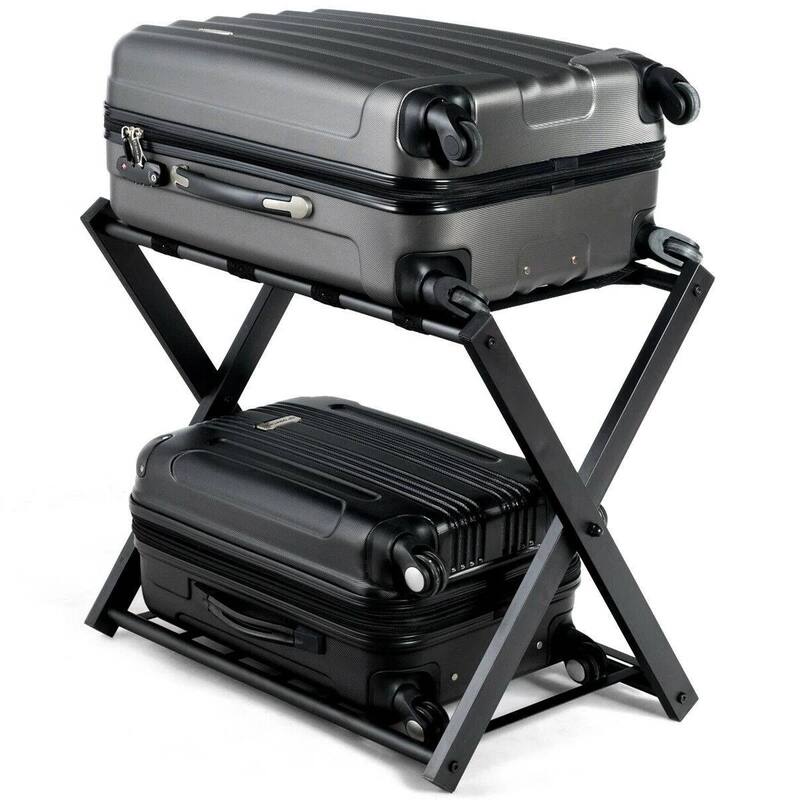 Set of 2 Folding Black Metal Luggage Racks with Bottom Shelf for Bedroom or Hotel Use - 27”L x 17''W x 23”H
