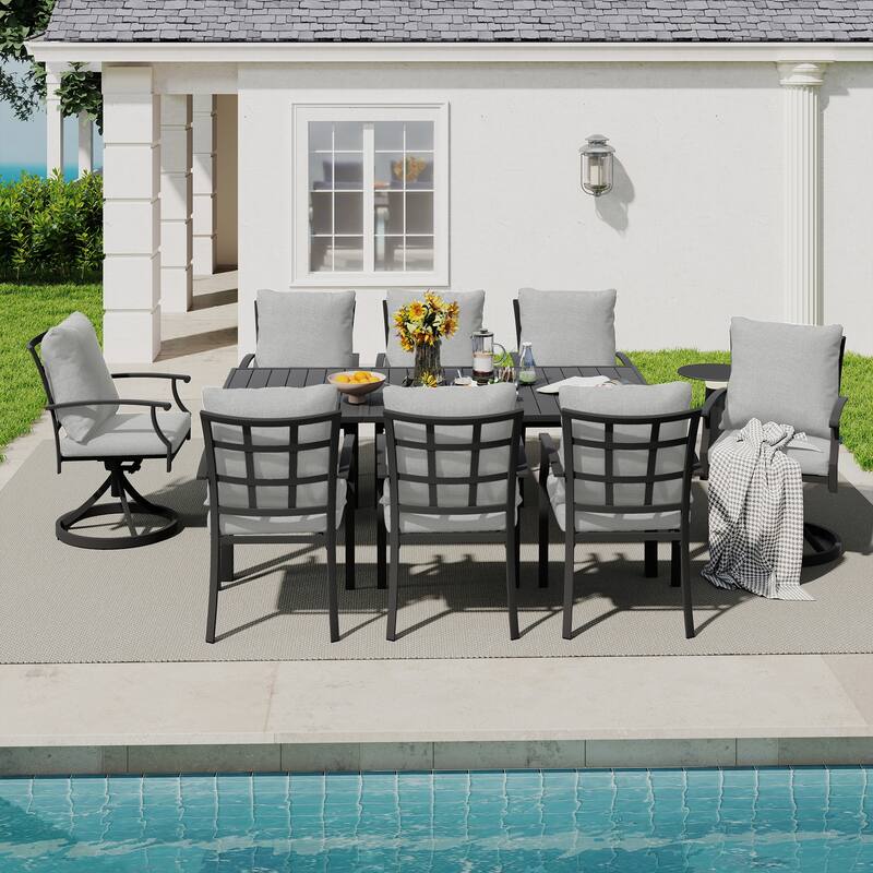 IvyGlow 9-Piece Black Metal Patio Dining Set with Rectangular Table, 2 Swivel Dining Chairs and Gray Cushions