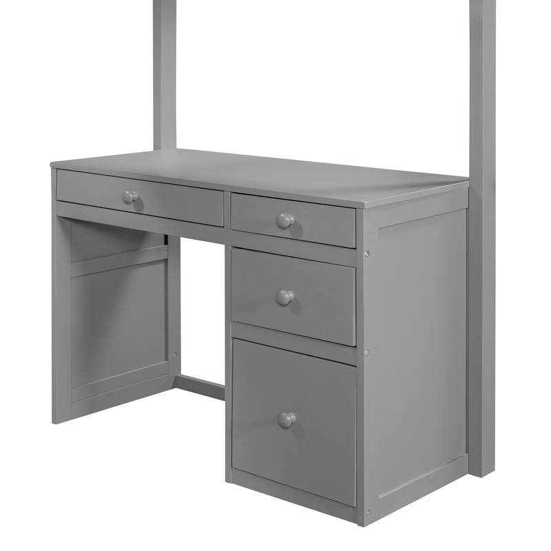 Twin Size Loft Bed with Ladder, Shelves, Solid Wood Loft Bed Frame with 4-Drawers Desk, Box Spring No Required