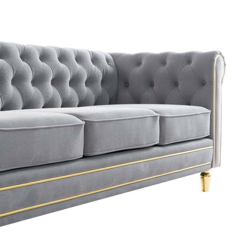 Chesterfield Velvet Sofa with Golden Decorative Strip for Living Room