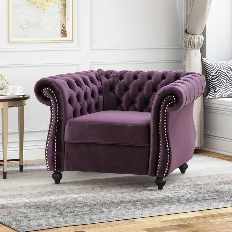 Roomfitters Chesterfield Club Chair with Deep Tufting, Rolled Arms and Nailhead Trim, Velvet Accent Armchair - Dark Purple