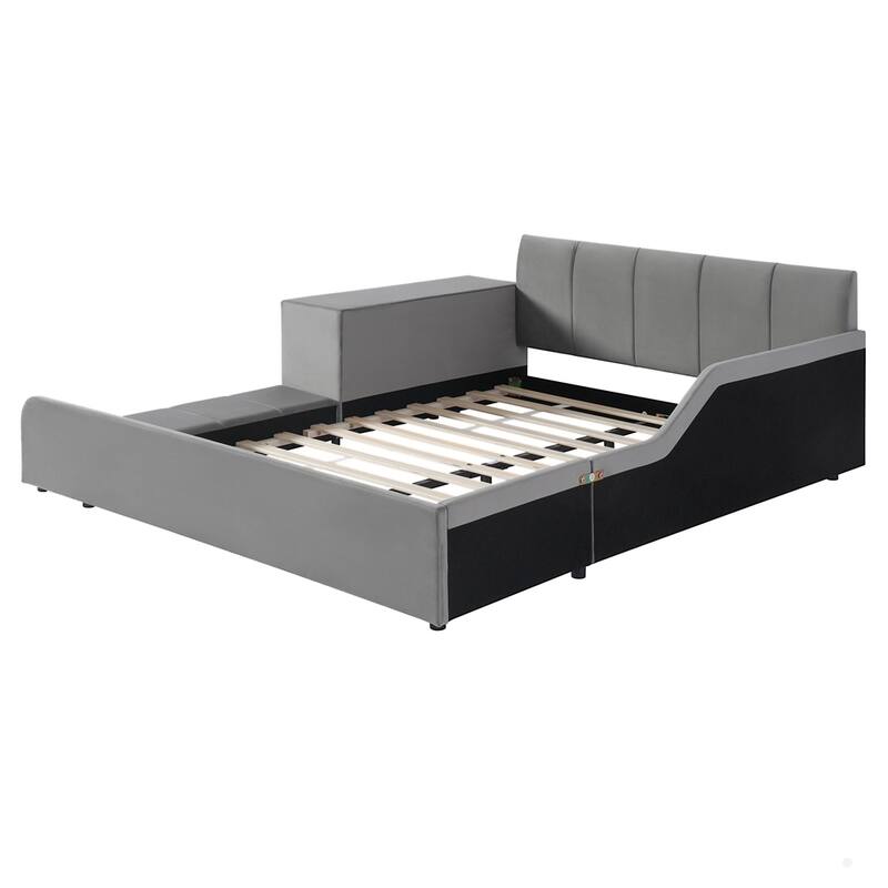 Upholstered Grounded Bed Mother & Child Bed with Bedside Desk and Little Round Stool