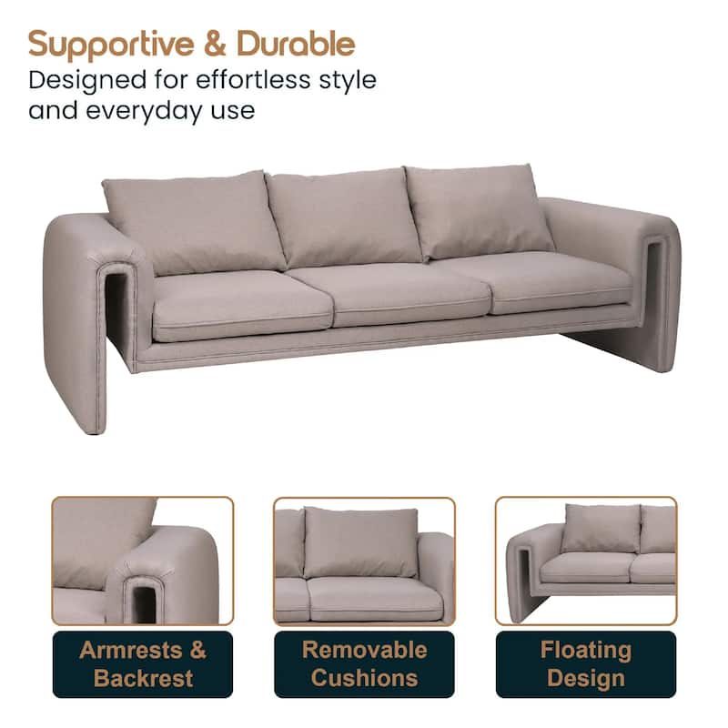 Ely Three-Seater Sofa Upholstered in Linen with Iron Frame and Removable Cushions