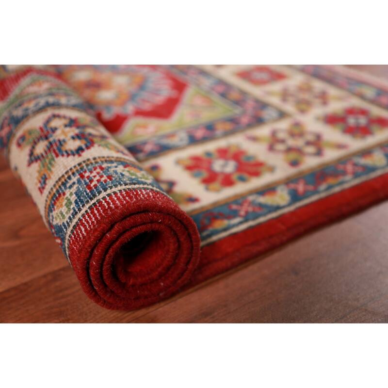 Geometric Kazak Foyer Rug Handmade Red Wool Carpet - 2'9"x 3'11"