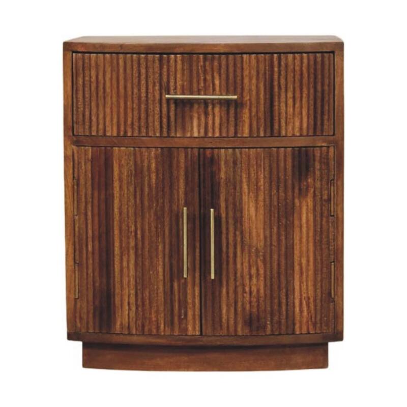 Solid Wood Curved Ribbed Bedside with Drawer,Brown,1-door