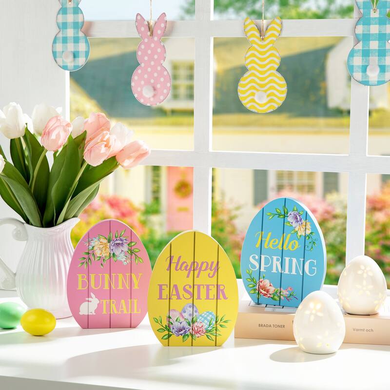 Glitzhome 7.5"H Set of 3 Easter Wooden Easter Egg Table Decor