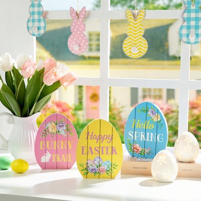 Glitzhome 7.5"H Set of 3 Easter Wooden Easter Egg Table Decor