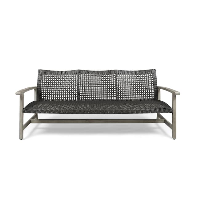 Hampton Outdoor Wood and Wicker Sofa by Christopher Knight Home - mixed black, light gray wash finish