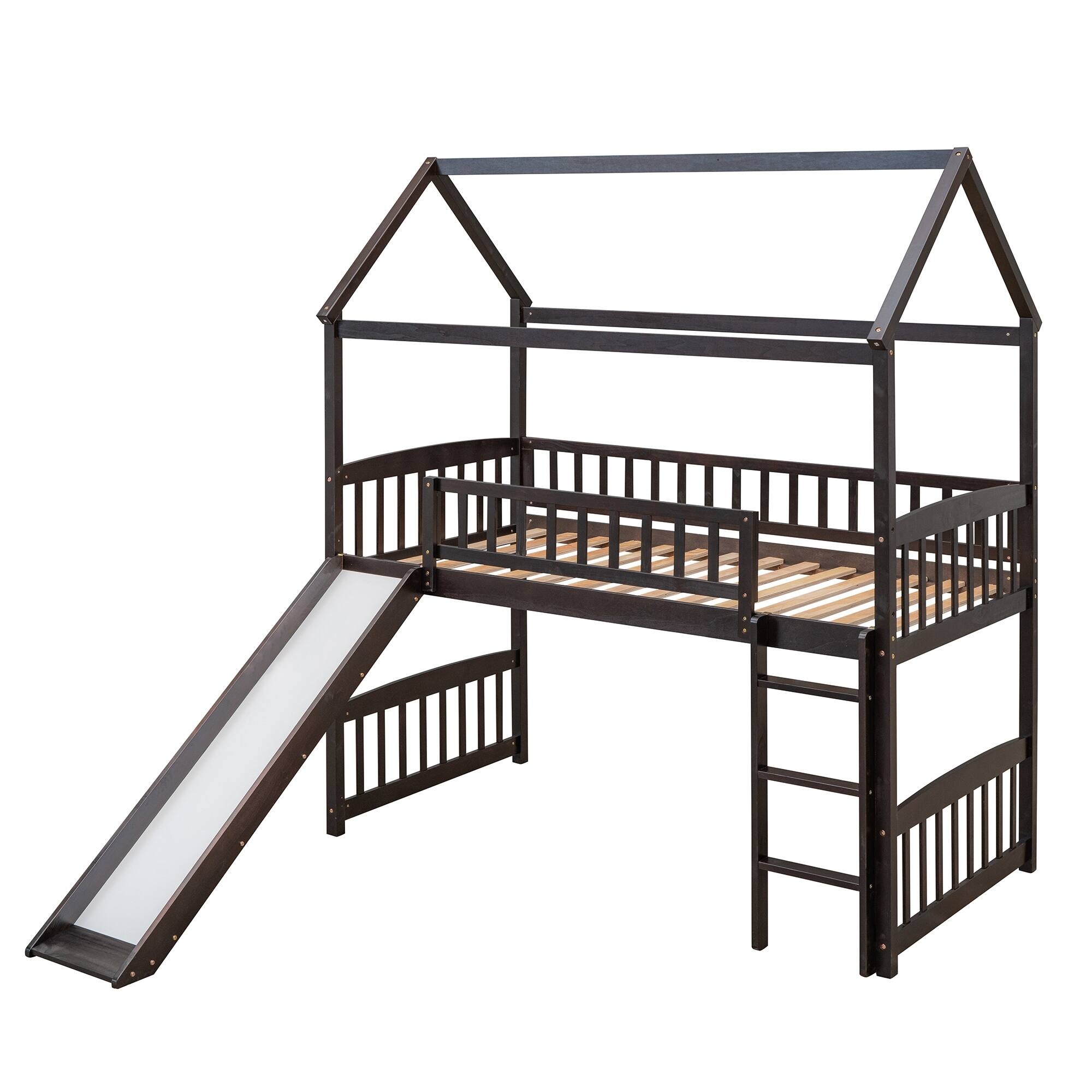 Wood Twin Loft Bed with Slide and Spacious Play Area or Storage