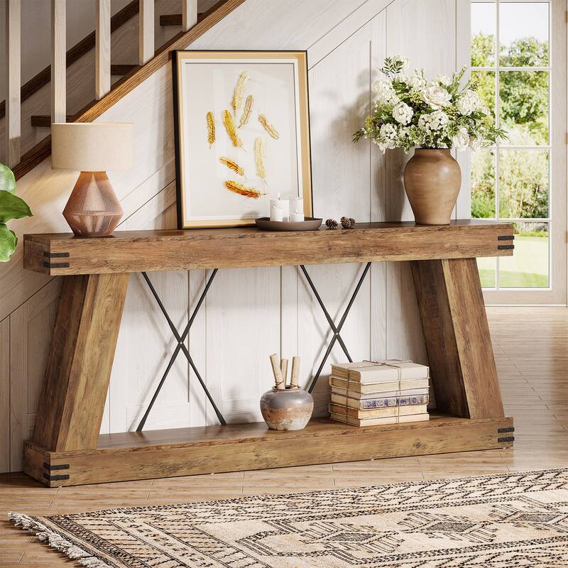 70.9” Farmhouse Console Table, Brown Entryway Table with Storage - Large