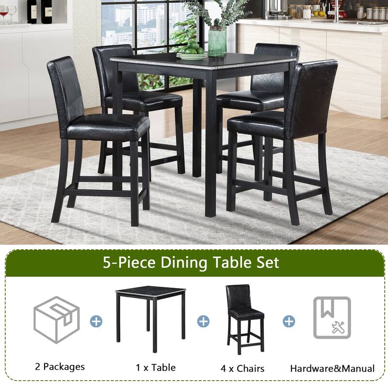Wooden Kitchen Table Set Counter Height Table Chairs Set with Crystal Accent Square Table and 4 Upholstered Chairs
