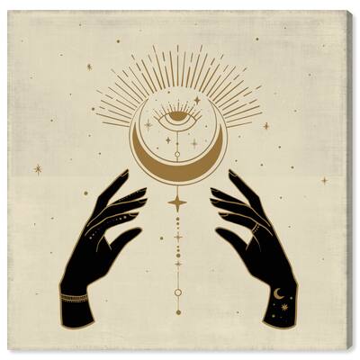 Celestial Hands 2, Minimal Mystical Eye Modern Gold Canvas Wall Art Print for Bedroom