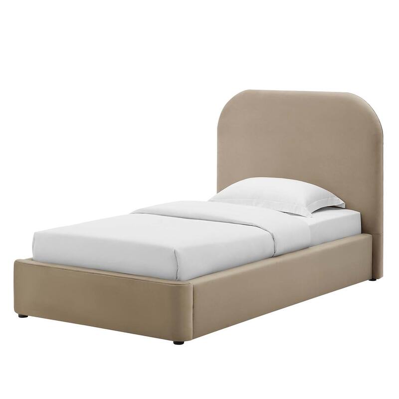 Hillsway Modern Curved Headboard Taupe Velvet Upholstered Twin Size Platform Bed