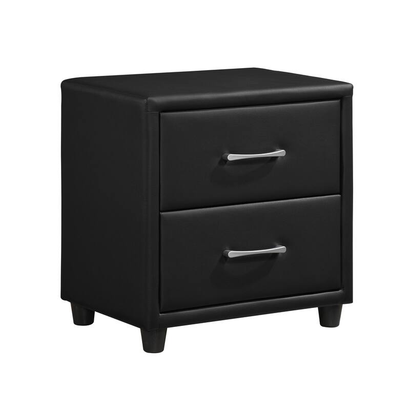 Modern Black Faux Leather Nightstand with Silver Bar Pulls