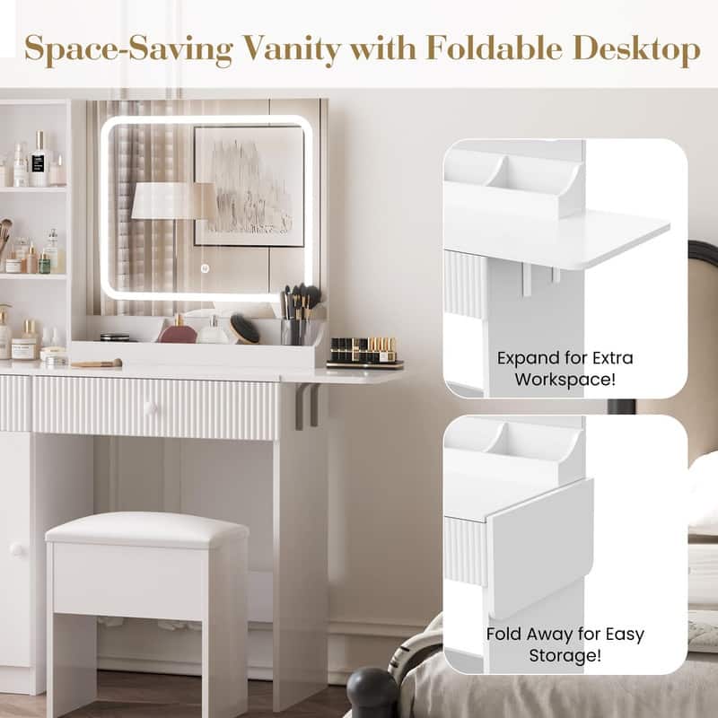 Makeup Vanity Desk with Mirror, Charging Station, Storage Drawers， Stool