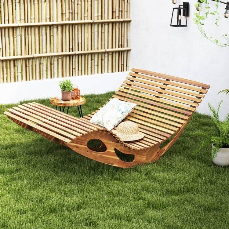 Natural Acacia Wood 2-Seater Adirondack Rocking Sunbed Lounger - 63" x 47" x 26" (inches)