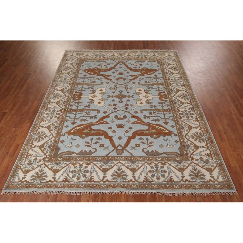 Light Blue Oushak Indian Area Rug Hand-Knotted Wool Carpet - 8'1"x 9'11"