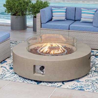COSIEST Ecru Round Outdoor Propane Fire Pit with Wind Guard