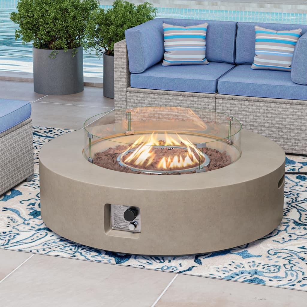 COSIEST Ecru Round Outdoor Propane Fire Pit with Wind Guard
