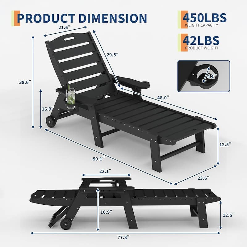 HDPE 5-Position Patio Lounge Chair for Outside with Rolling Wheels