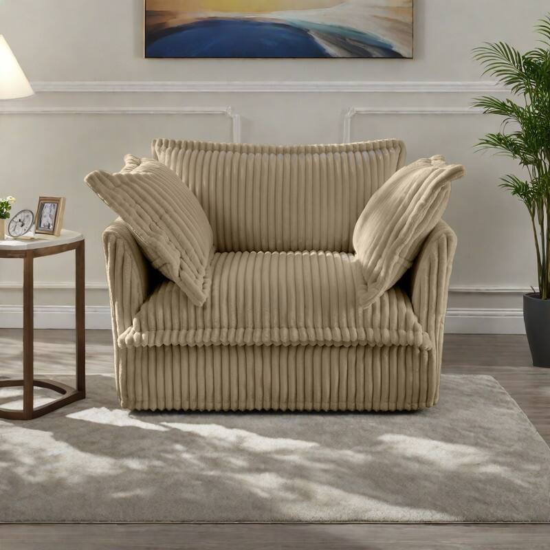 Corduroy Slipcovered Armchair with Deep Seat, 3 Large Pillows and 300lb Capacity - Camel