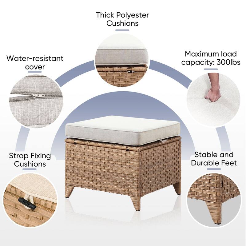Gymojoy Outdoor Durable Wicker Ottomans with Olefin Cushions