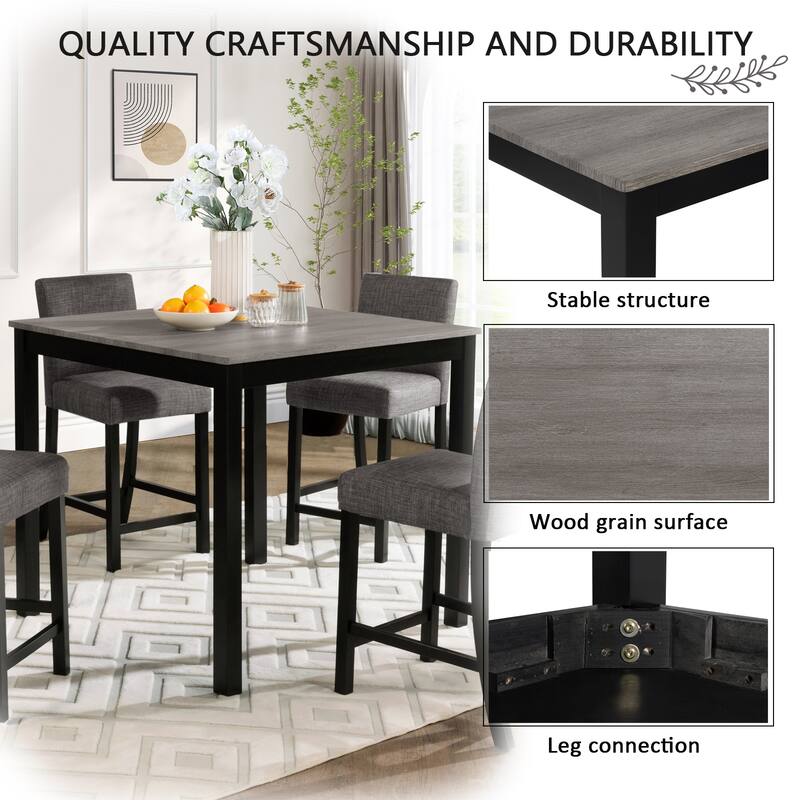 5 Piece Counter Height Table Set, Wooden Kitchen Table and Chairs Set with Square Table and 4 Upholstered Chairs