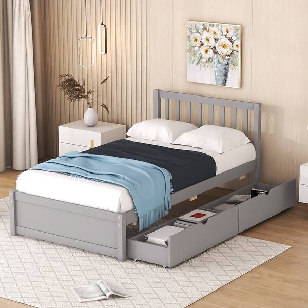 slide 2 of 10, Twin Size Wooden Platform Bed with Two Underbed Storage Drawers, Durable Rubberwood Frame Grey