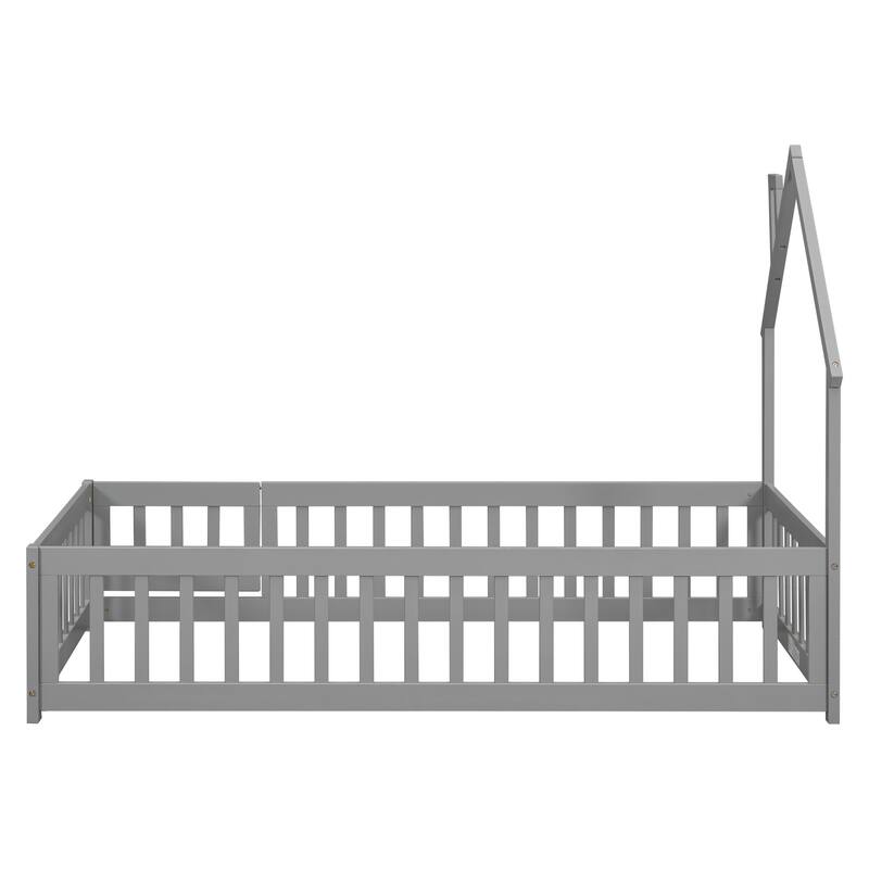 Twin House-Shaped Headboard Floor Bed with Fence