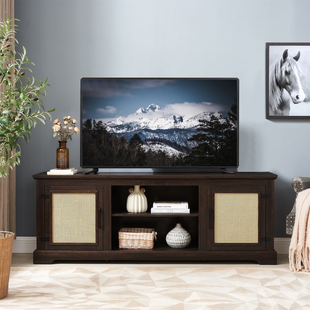 Farmhouse Rattan TV Stand Console Table